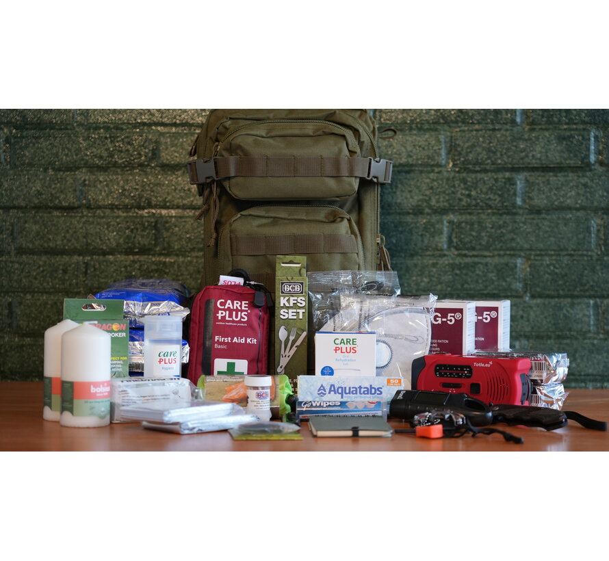 Bug Out Bag Basis – Compleet 72-uurs Noodpakket in 25L Rugzak – Voedsel, Water, EHBO, Kookgerei & Tools