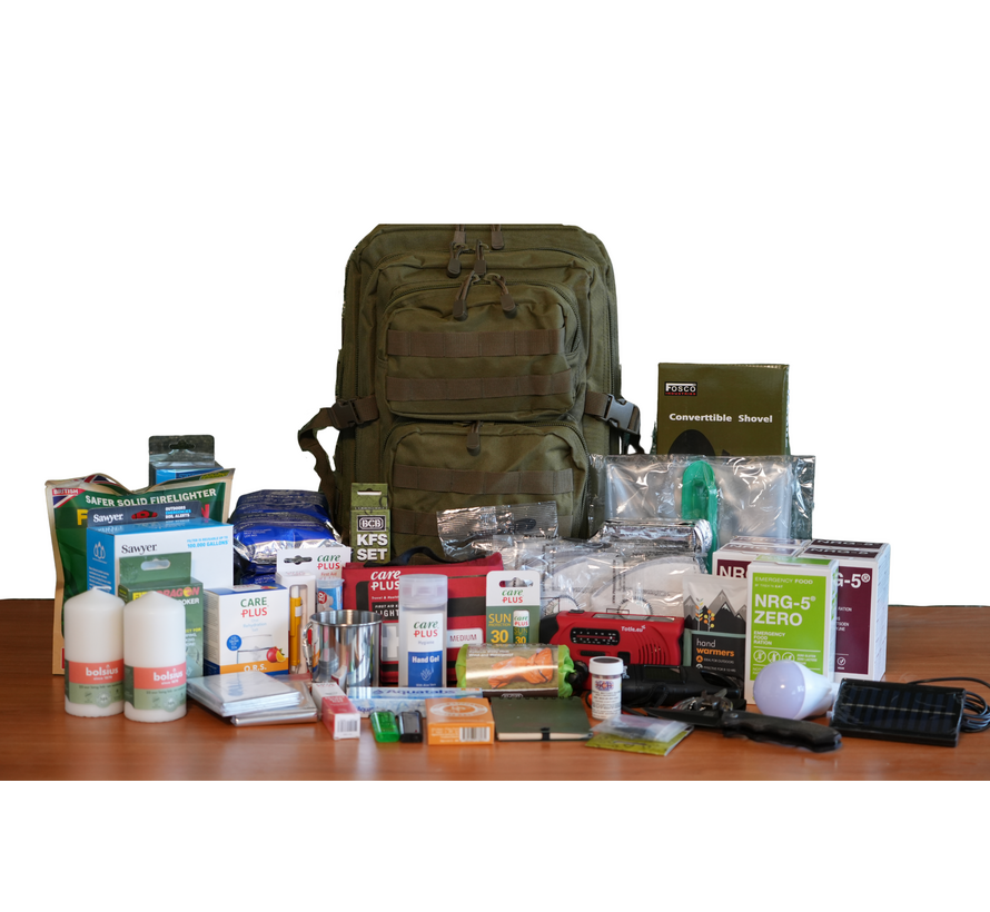 Bug Out Bag Compleet – Uitgebreid 72-uurs Noodpakket in 45L Rugzak – Waterfilter, Kookgerei, EHBO, Verlichting & Survival Tools