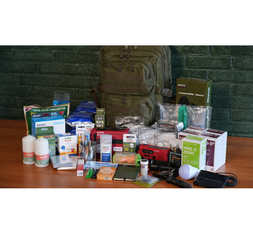 Bug Out Bag Compleet – Uitgebreid 72-uurs Noodpakket in 45L Rugzak – Waterfilter, Kookgerei, EHBO, Verlichting & Survival Tools