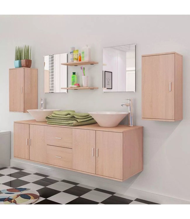 Badkamermeubelset 11-delig met kraan en wasbak beige