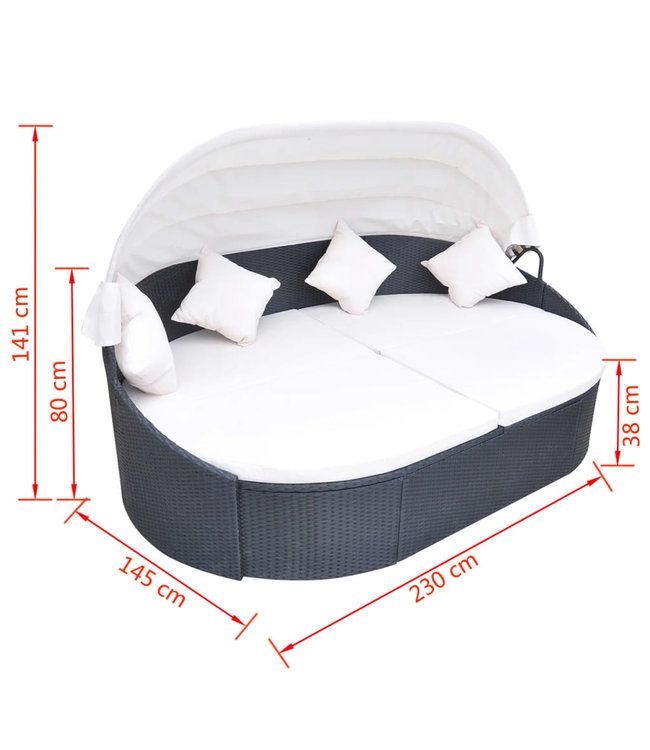 Loungebed met luifel poly rattan zwart