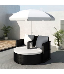 Tuinbed met parasol poly rattan zwart