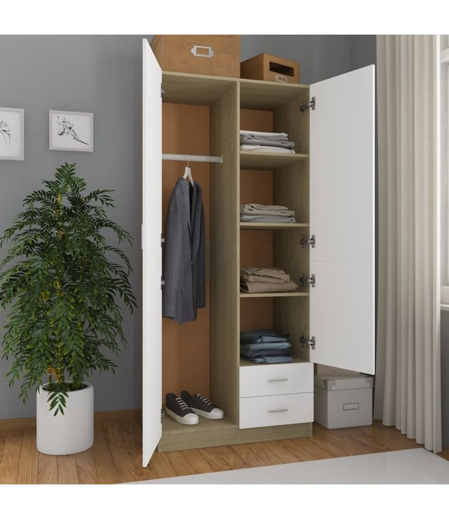 Kledingkast 80x52x180 cm spaanplaat wit en sonoma eikenkleurig