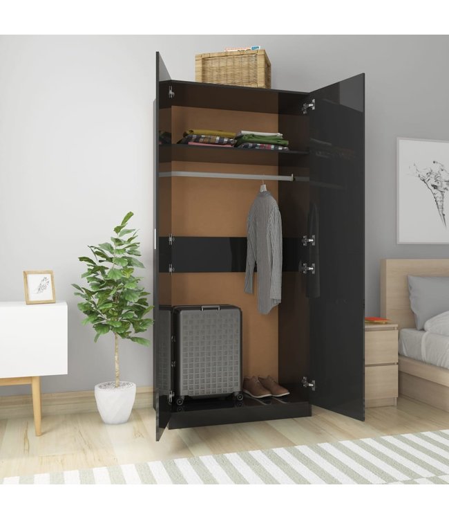 Kledingkast 90x52x200 cm spaanplaat hoogglans zwart