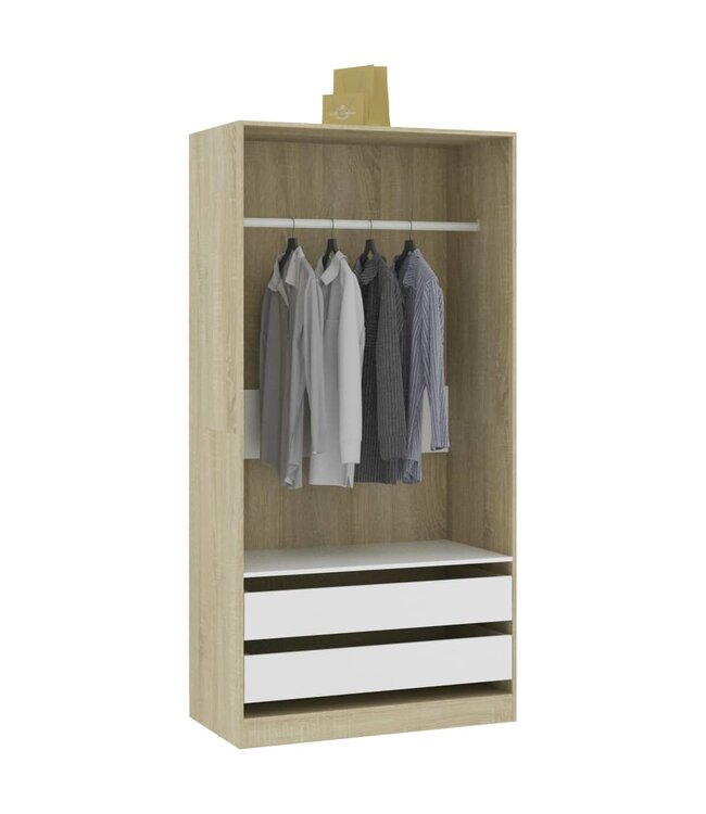 Kledingkast 100x50x200 cm spaanplaat wit en sonoma eikenkleurig