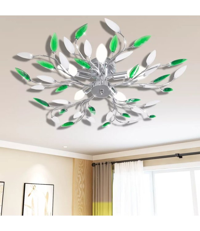 Lamp met kristallen bladeren van acryl voor 5x E14 wit/groen