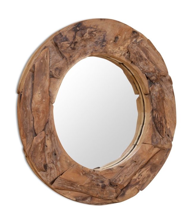 Decoratieve spiegel rond 80 cm teakhout