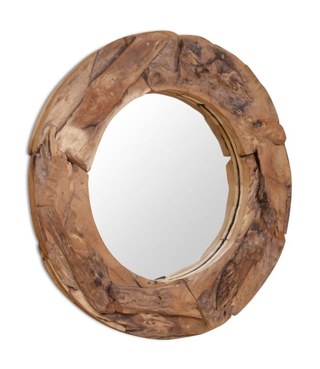 Decoratieve spiegel rond 80 cm teakhout