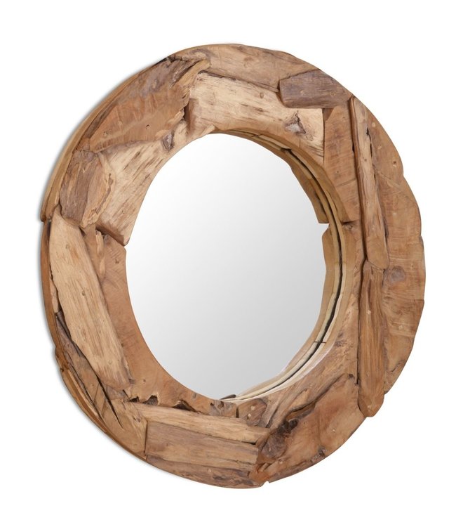 Decoratieve spiegel rond 80 cm teakhout