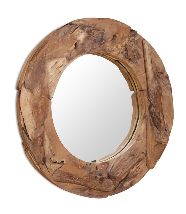 Decoratieve spiegel rond 80 cm teakhout