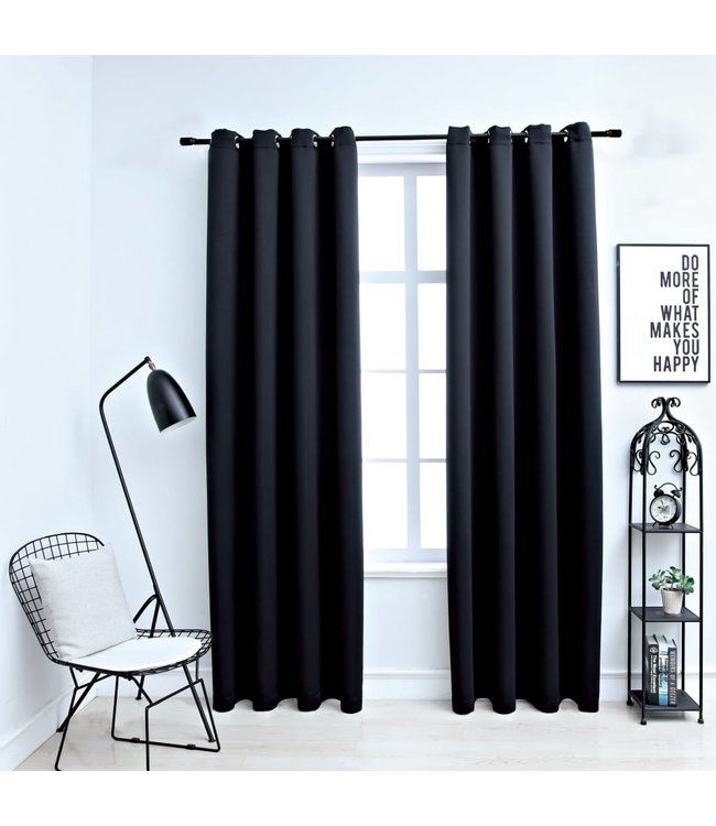 Gordijn verduisterend met metalen ringen 2 st 140x225 cm zwart
