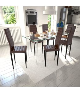 Eetkamerset 6 bruine slim line stoelen en 1 glazen tafel