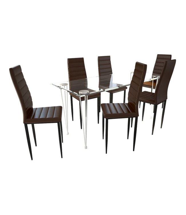 Eetkamerset 6 bruine slim line stoelen en 1 glazen tafel