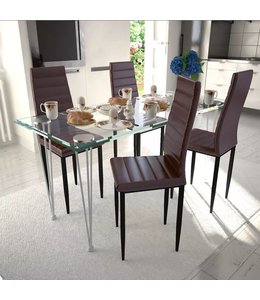 Eetkamerset 4 bruine slim line stoelen en 1 glazen tafel