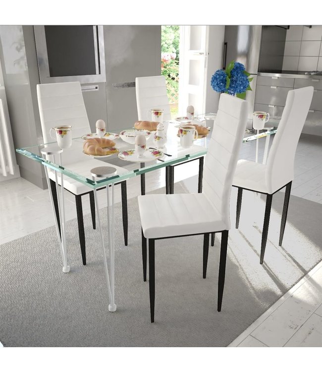 Eetkamerset 4 witte slim line stoelen en 1 glazen tafel