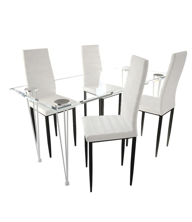 Eetkamerset 4 witte slim line stoelen en 1 glazen tafel
