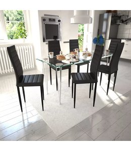 Eetkamerset 6 zwarte slim line stoelen en 1 glazen tafel