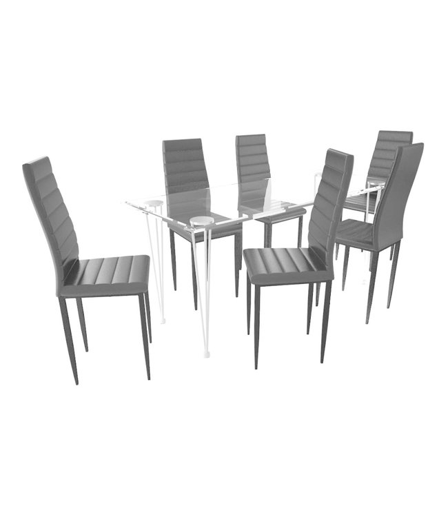 Eetkamerset 6 zwarte slim line stoelen en 1 glazen tafel