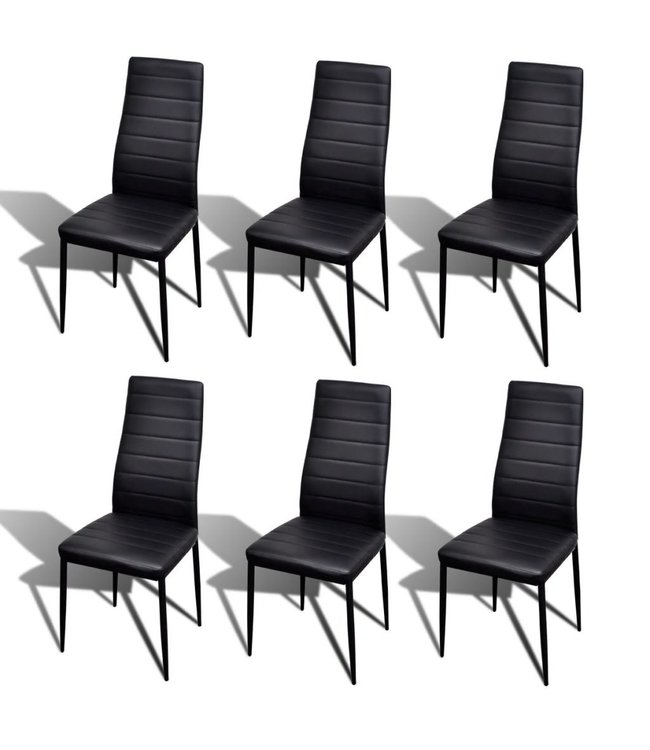 Eetkamerset 6 zwarte slim line stoelen en 1 glazen tafel