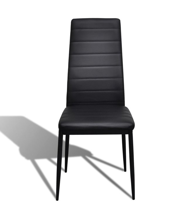 Eetkamerset 6 zwarte slim line stoelen en 1 glazen tafel