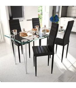 Eetkamerset 4 zwarte slim line stoelen en 1 glazen tafel