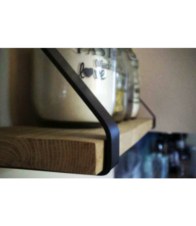 Wandplank landelijk eikenhout 90x20x3cm zwarte industrieel stalen beugels