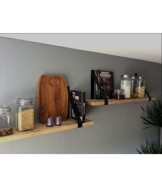 Wandplank landelijk eikenhout 90x20x3cm zwarte industrieel stalen beugels