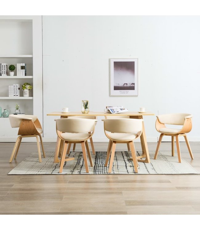 Eetkamerstoelen 6 st gebogen hout en kunstleer crème