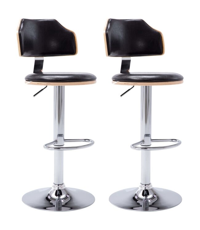 Barkrukken 2 st gebogen hout en kunstleer zwart