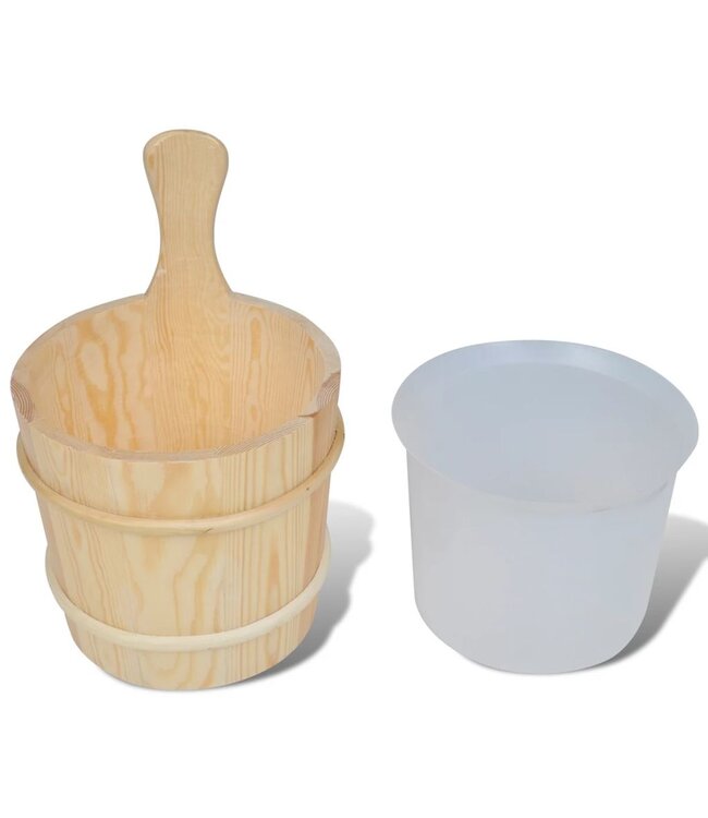 Sauna accessoires: emmer + opgietlepel, zandloper, thermo-vochtmeter