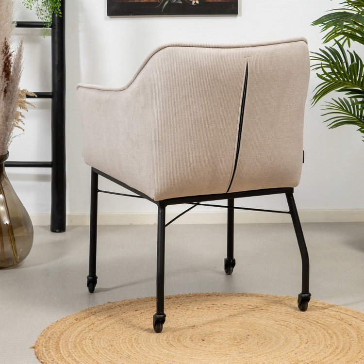 Eetkamerstoel met wieltjes Mace ribstof wit/beige