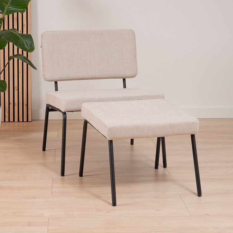 Scandinavische fauteuil en hocker Espen beige gerecyclede stof