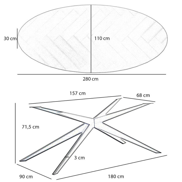 Visgraat eettafel ovaal Ilva PVC 280 x 110 cm