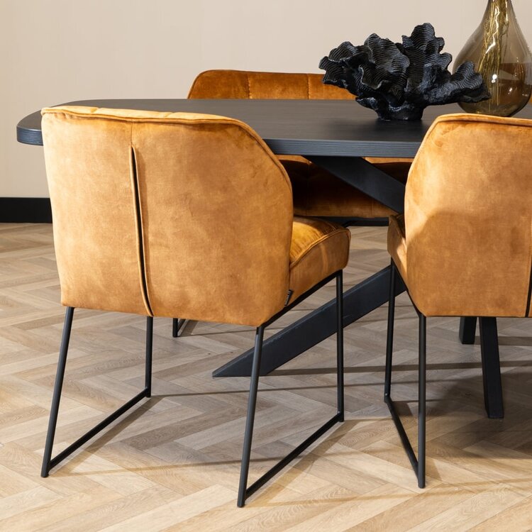 Velvet eetkamerstoel Janna okergeel/cognac