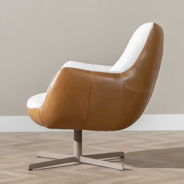 Draaifauteuil Stella bouclé/leer beige/cognac