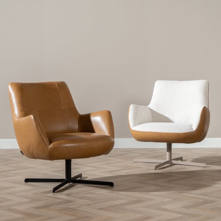 Draaifauteuil Stella bouclé/leer beige/cognac