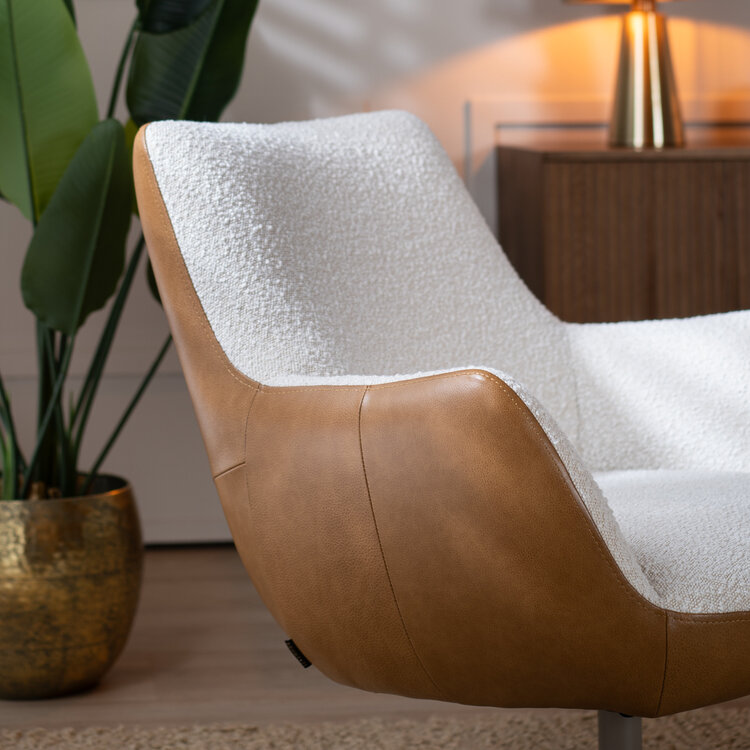 Draaifauteuil Stella bouclé/leer beige/cognac