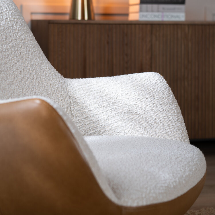 Draaifauteuil Stella bouclé/leer beige/cognac