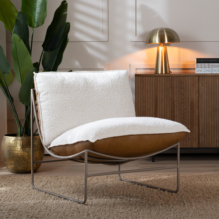 Fauteuil Maceo leer/bouclé cognac/beige