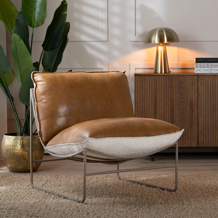 Fauteuil Maceo leer/bouclé cognac/beige