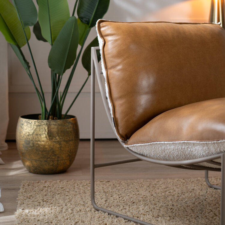 Fauteuil Maceo leer/bouclé cognac/beige