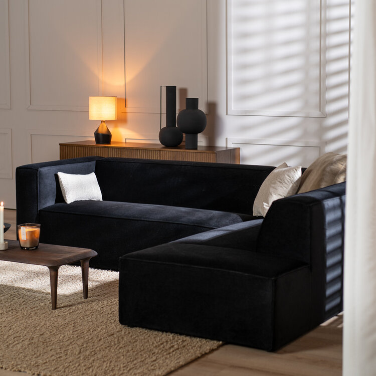 Velvet hoekbank Memphis zwart rechts