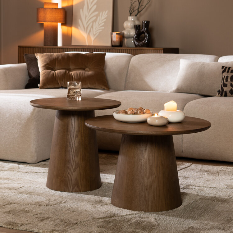 Salontafels Ash set van 2 Ø50 en Ø62 cm rustiek eiken