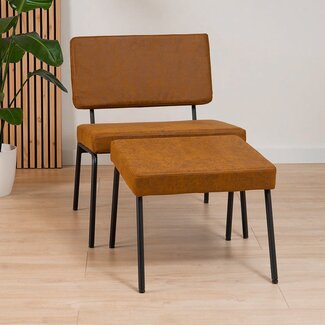 Industriële fauteuil met hocker Espen cognac eco-leer