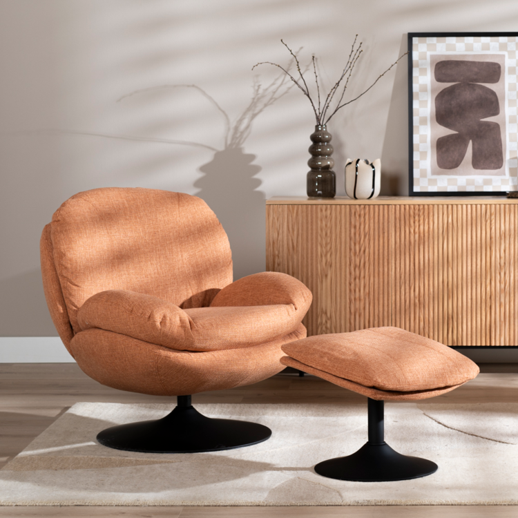 Draaifauteuil met hocker Isobel linnen koper
