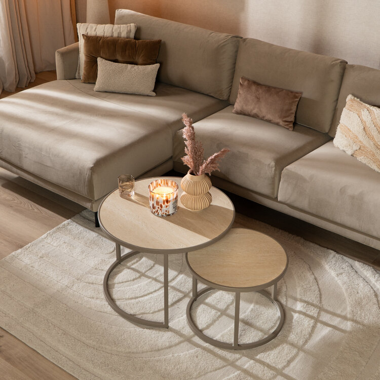 Salontafel Sef set van 2 Ø70 cm en Ø50 cm taupe/travertin