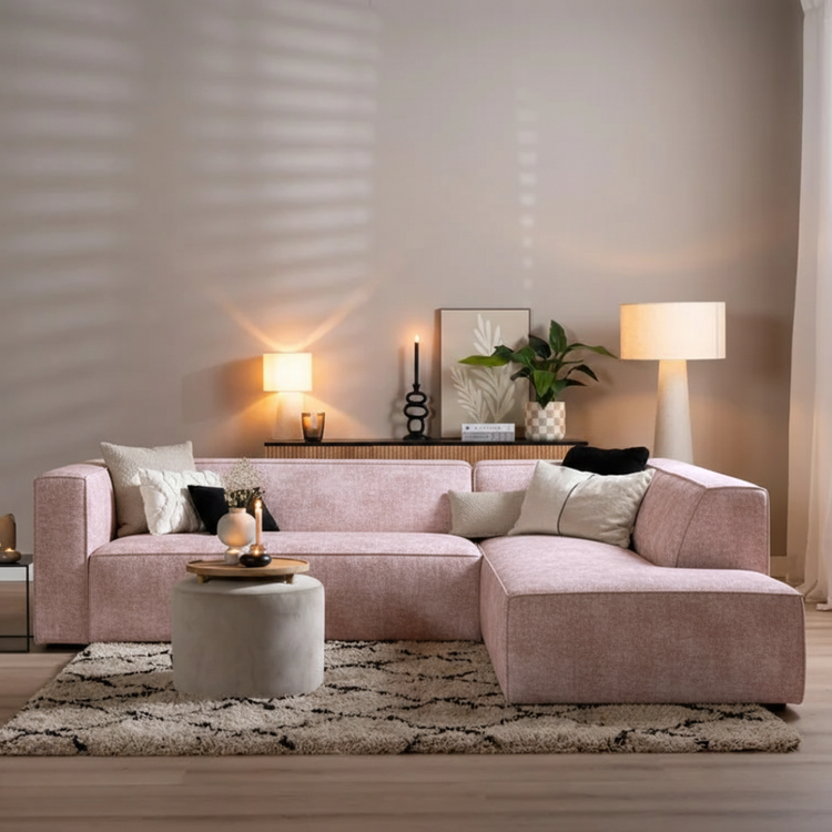 Hoekbank Memphis stof chenille roze rechts