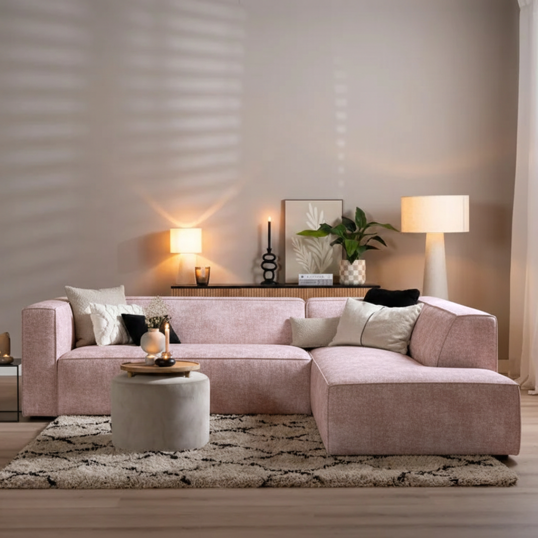 Hoekbank Memphis stof chenille roze rechts