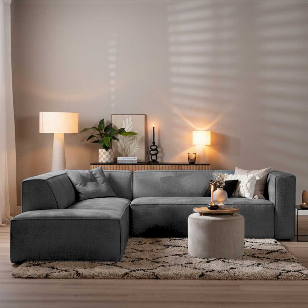 Scandinavische hoekbank Memphis antraciet stof gemêleerd links