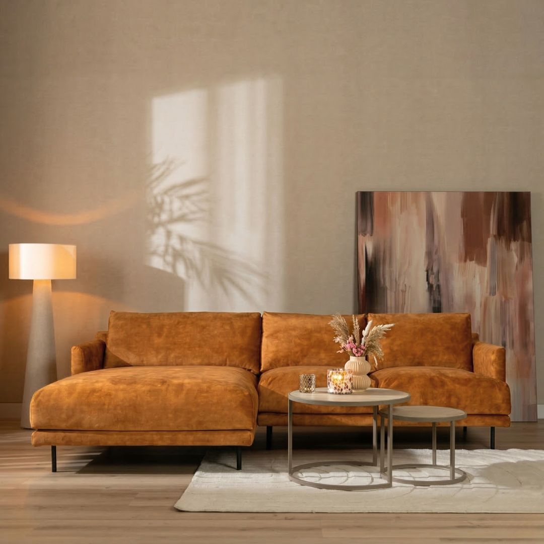 Velvet hoekbank Denver okergeel links